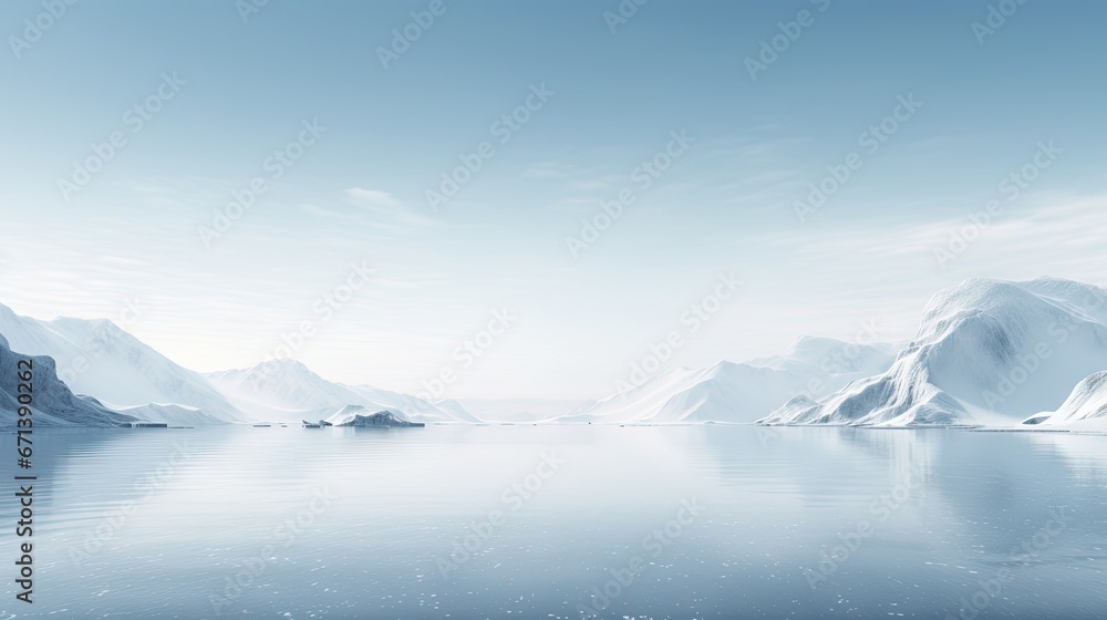  a large body of water surrounded by snow covered mountains and ice floes on a sunny day with a blue sky.  generative ai