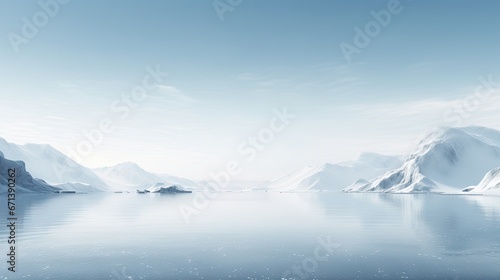  a large body of water surrounded by snow covered mountains and ice floes on a sunny day with a blue sky. generative ai