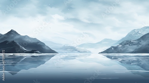  a painting of mountains and a body of water with a blue sky in the background and a few clouds in the sky. generative ai