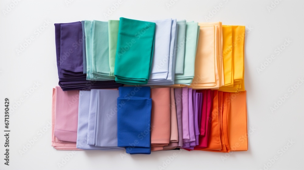 A set of color-coded cleaning cloths, neatly folded, illustrating a range of tasks, arranged on a clear white backdrop.