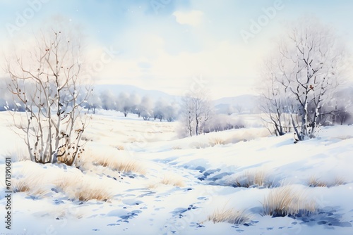 Winter landscape with snowy trees and meadow in painting style background