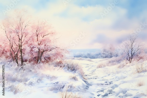 Winter landscape with snowy trees and meadow in painting style background © fledermausstudio
