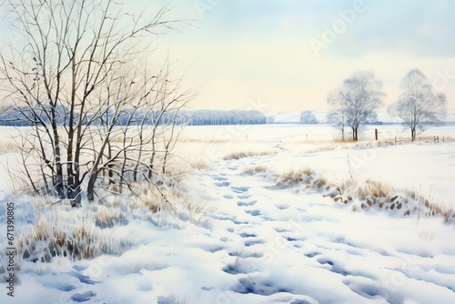 Winter landscape with snowy trees and meadow in painting style background