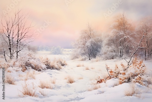 Winter landscape with snowy trees and meadow in painting style background © fledermausstudio