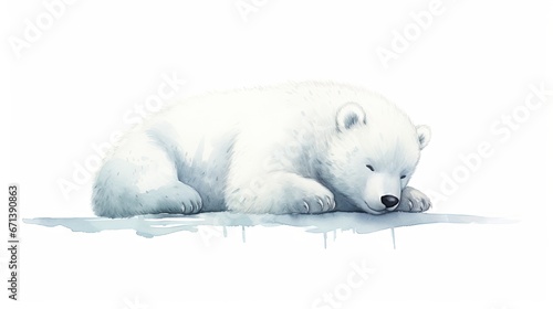 a painting of a polar bear laying on the ice with its head on its paw and eyes closed, with a white background.  generative ai