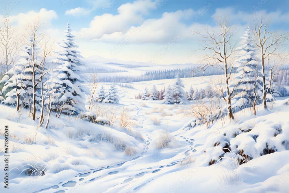 Winter landscape with snowy trees and meadow in painting style background Winter landscape with snowy trees and meadow in painting style background