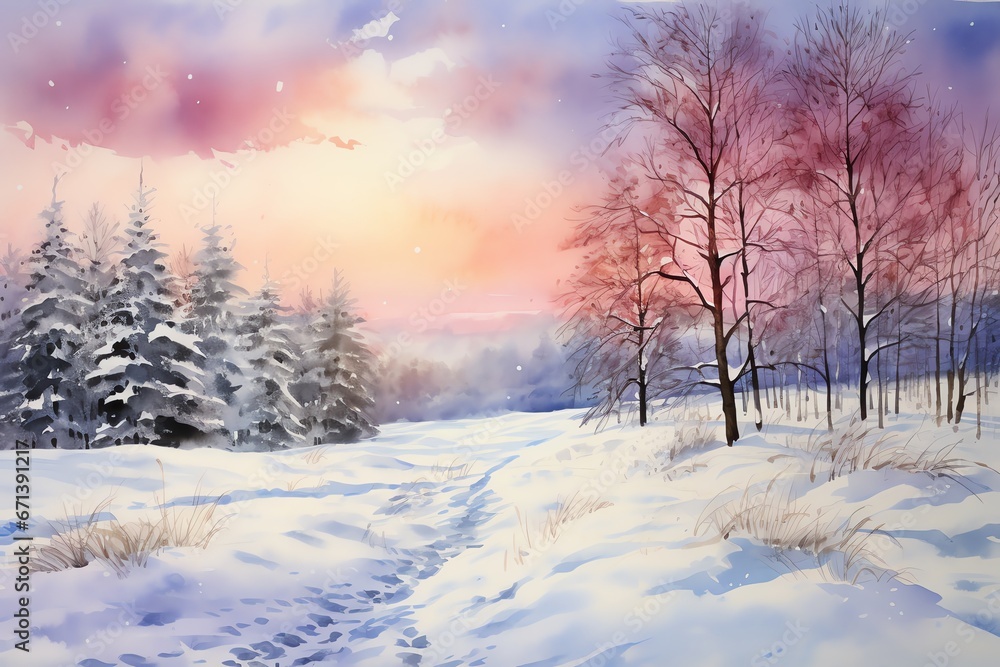 Winter landscape with snowy trees and meadow in painting style background Winter landscape with snowy trees and meadow in painting style background