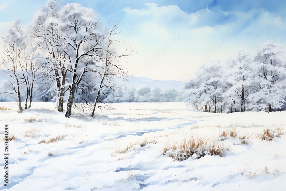 Winter landscape with snowy trees and meadow in painting style background