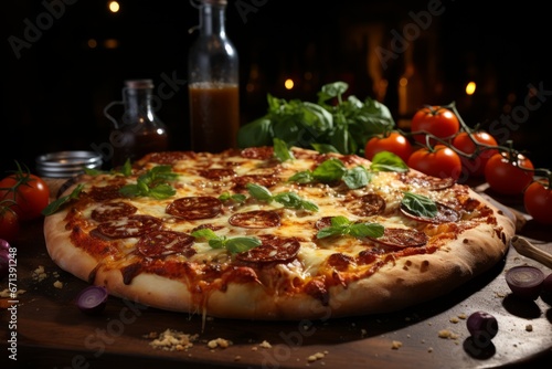 Pizza delicious Italian cuisine cheesy slices rustic