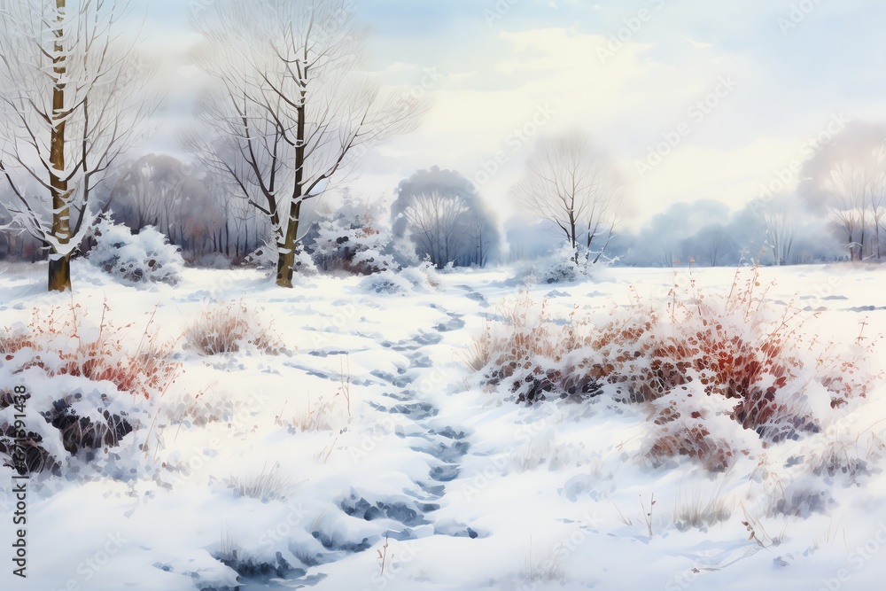 Winter landscape with snowy trees and meadow in painting style background Winter landscape with snowy trees and meadow in painting style background