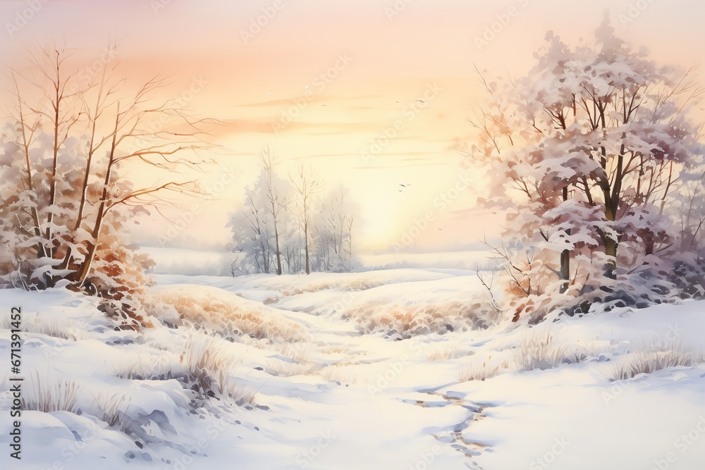 Winter landscape with snowy trees and meadow in painting style background Winter landscape with snowy trees and meadow in painting style background