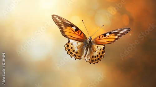  a close up of a butterfly flying in the air with a blurry back ground and a yellow and brown background. generative ai
