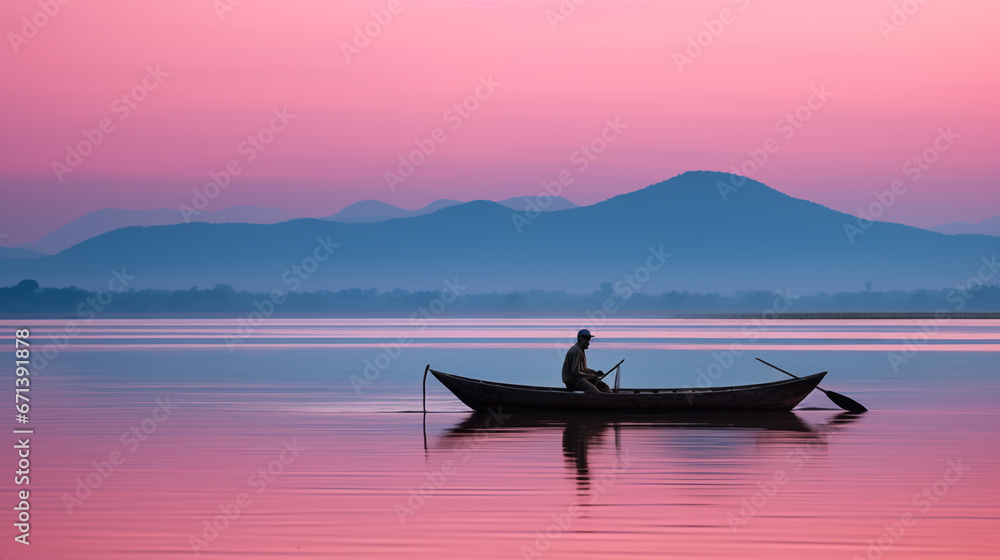 Lone Boater in Tranquil Waters, Mountains Painting Horizon