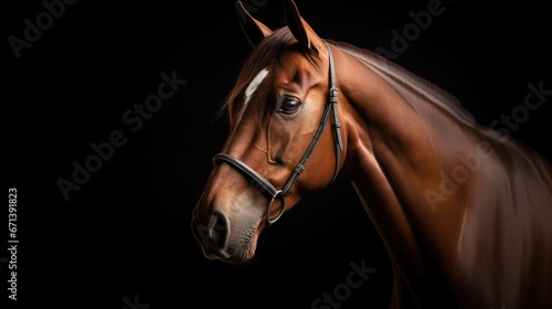  a brown horse with a white stripe on it's head and a bridle on it's head.  generative ai © Olga