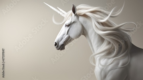  a close up of a white horse with a very long mane and a very large horn on it's head. generative ai