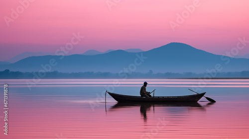 Lone Boater in Tranquil Waters  Mountains Painting Horizon
