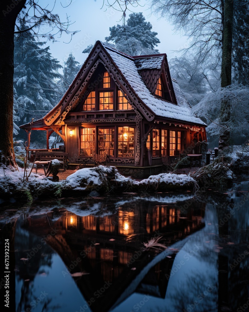 Fototapeta premium a cabin on a small lake in snowy winter at christmas evening 