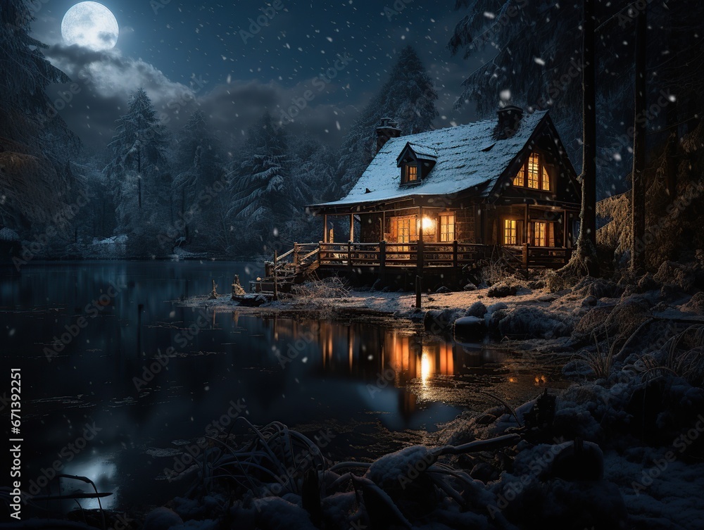 Fototapeta premium a cabin on a small lake in snowy winter at christmas evening 