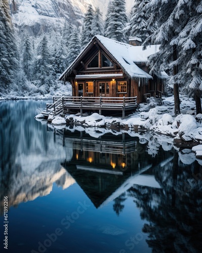 a cabin on a small lake in snowy winter at christmas evening  photo