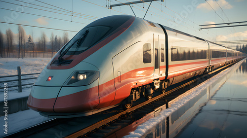 High speed train in motion on the railway station. Fast moving modern passenger train on railway platform. Railroad with motion blur effect.