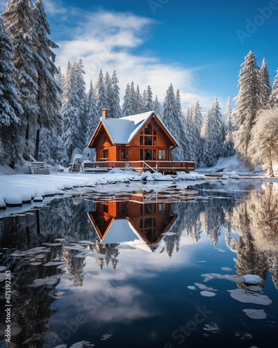 a cabin on a small lake in snowy winter at christmas morning