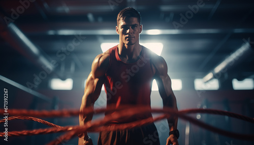 Active young man training with battle rope in the gym