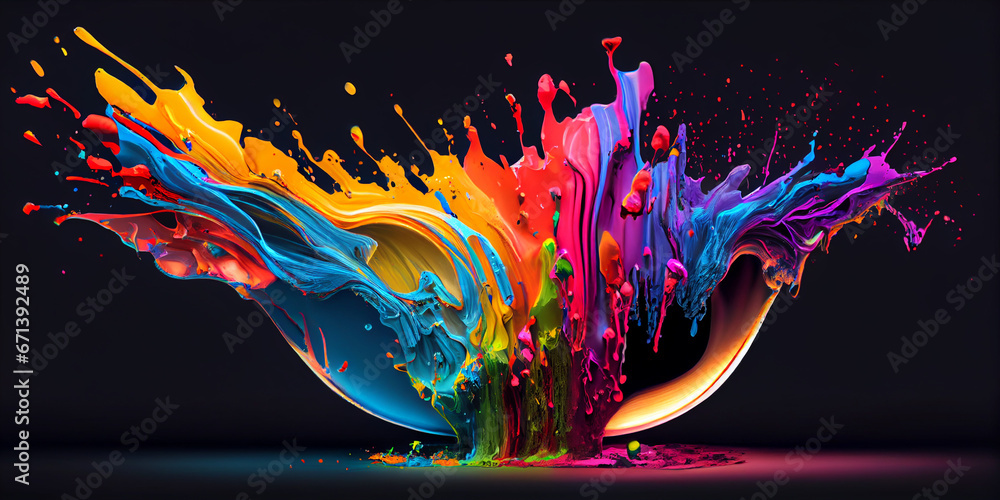 Explosion of colored paints on a black background. Colorful rainbow; color splash palette. AI generated. - obrazy, fototapety, plakaty 