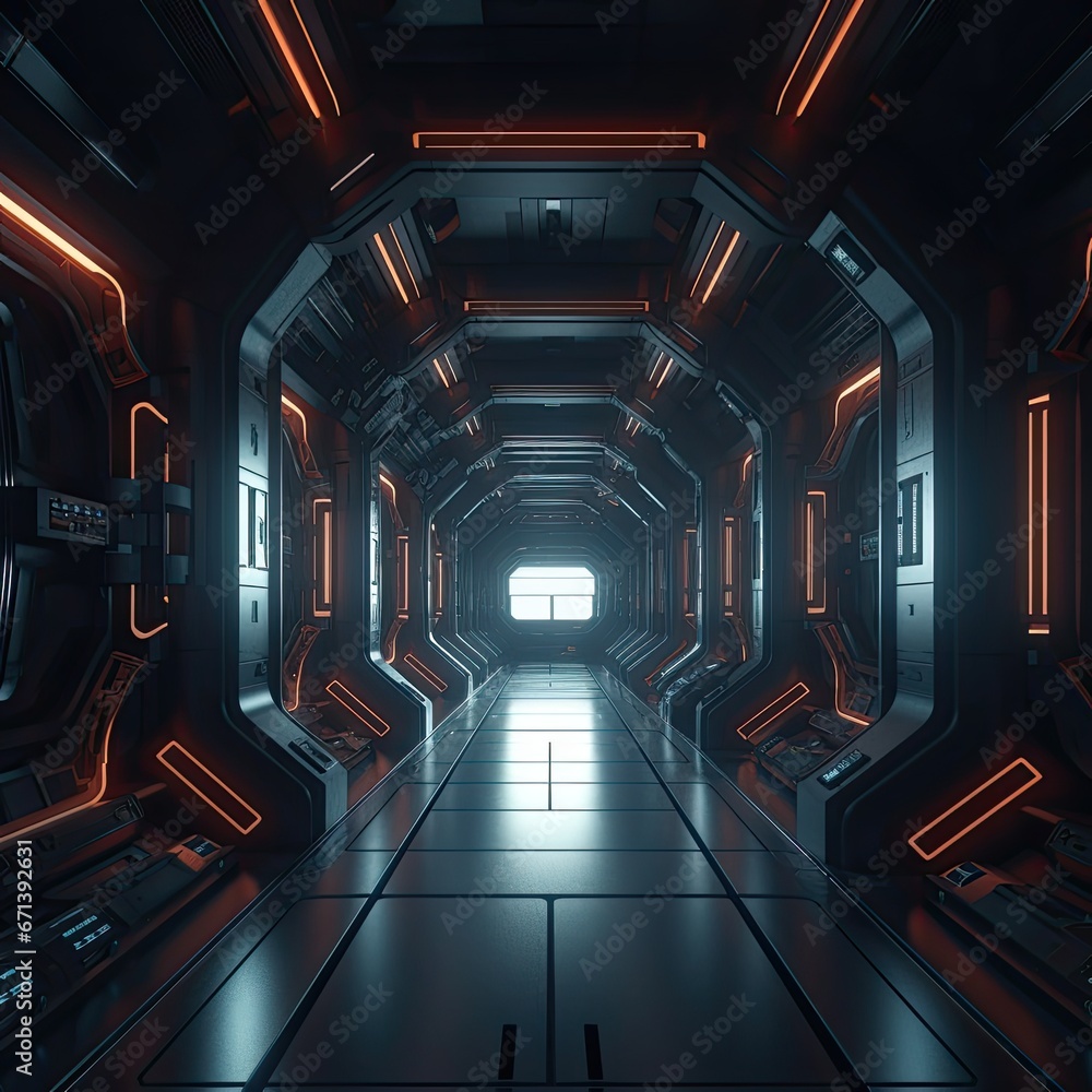 Futuristic scifi tunnel corridor with glowing lights 3D rendering
