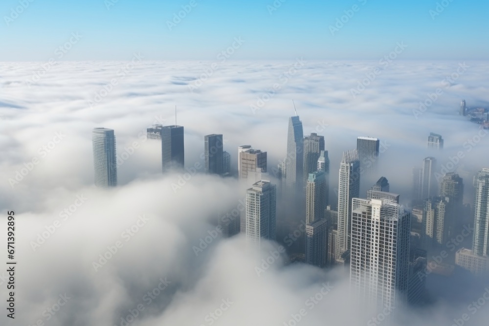 tall city buildings seen through fog