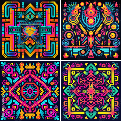 seamless pattern motif tribal Mexican cyan ethnic neon Indian textile boho ornament print African American Aztec