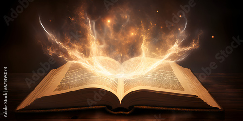 Open book with magic light Magic book , Knowledge Open Book on Dark Background generative AI