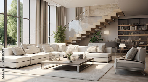 modern living room with wooden staircases in modern house