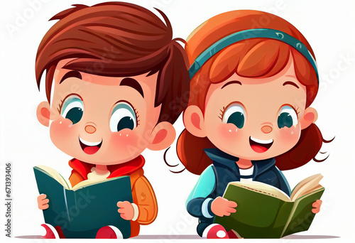 Cartoon illustration, a boy and a girl are reading a book. Isolated on a white background. AI generated.