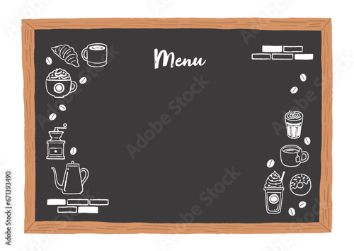 チョークで描いたコーヒーとカフェのイラストフレーム