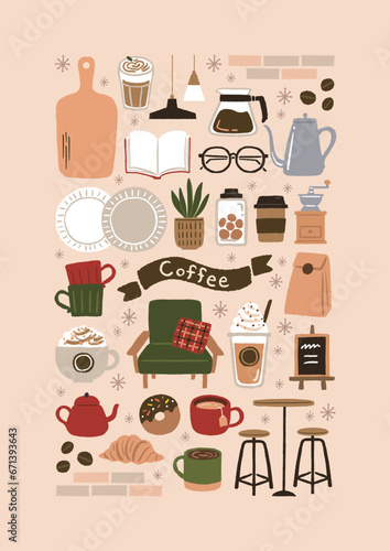 カフェとコーヒーのかわいいイラスト素材セット