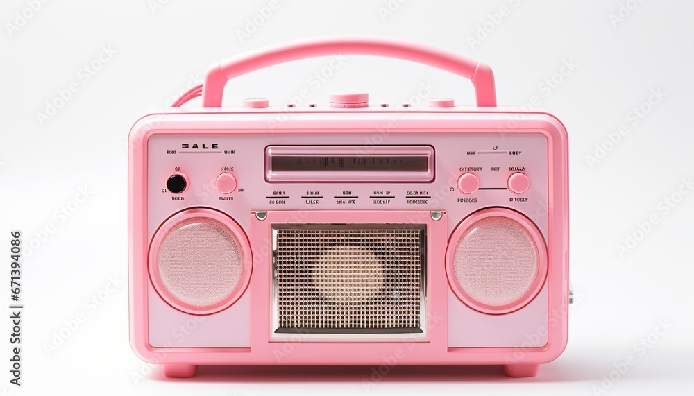 Cute pink portable retro radio isolated on white background.