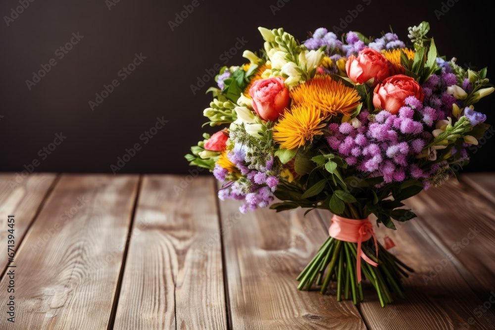 a bouquet of flowers on a plain wooden table