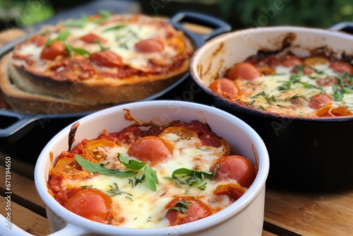 personal pizzas baked in two separate pots
