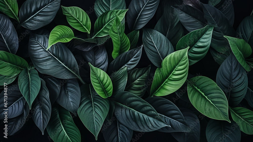 Fototapeta premium Lush, dark tropical leaves background. The rich, green foliage creates a sense of nature and relaxation