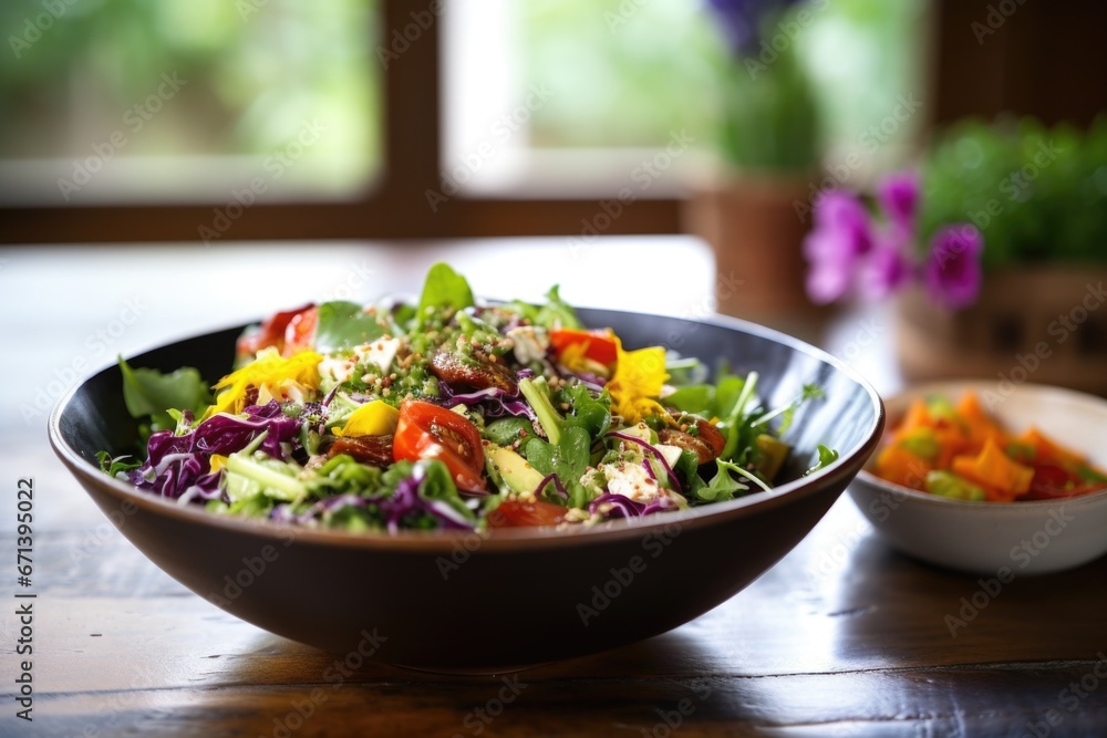 a colorful bowl of mixed salad on a dining table a colorful bowl of mixed salad on a dining table