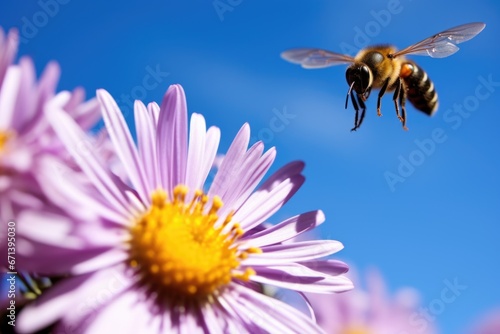 a bumblebee hovering over a purple aster photo