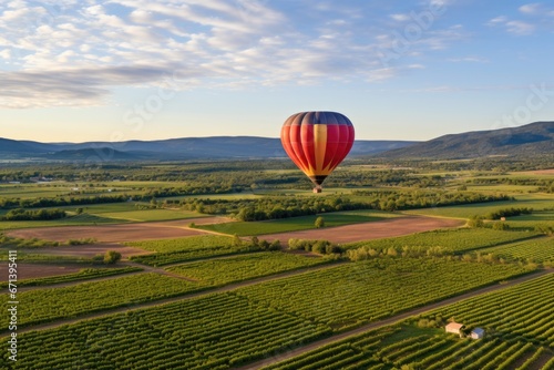 a hot air balloon soaring over vibrant fields