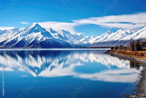 a serene lake surrounded by towering, snow-capped mountains