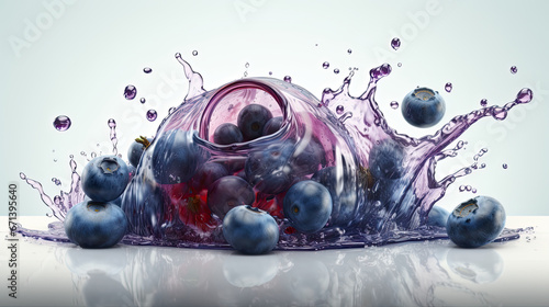 Blueberries splashing in a bowl with water splashing around them