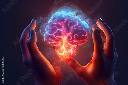 Illustration of Human Hand Holding Brain for Enlightening Discoveries