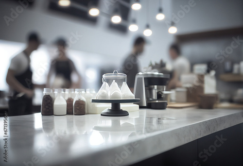 A group of defocused blurred people in a large kitchen or hallway. In the foreground is a kitchen work table or counter. AI generative.