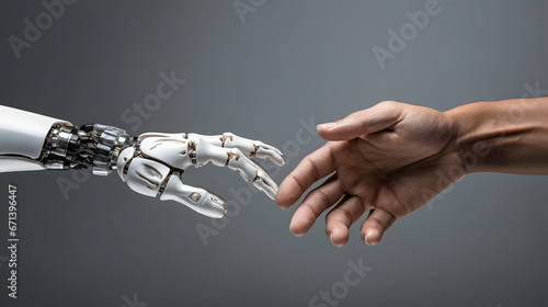Technology and humanity to harmoniously coexist. Connection between a human hand and a robotic hand. Fusion between man and machine. The future of technology.