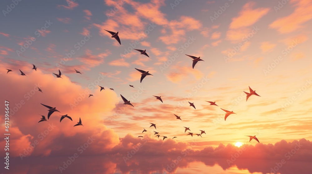 A sky alive with the rapid movement of swallows, their synchronized flights creating patterns against the sunset. - obrazy, fototapety, plakaty 