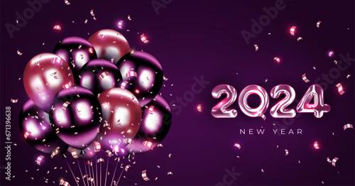 2024 New Year party background design. New Year celebration with glass balloons and golden glitter confetti. Shiny New Year festive decoration with light effects vector illustration.