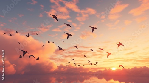 A sky alive with the rapid movement of swallows, their synchronized flights creating patterns against the sunset. photo